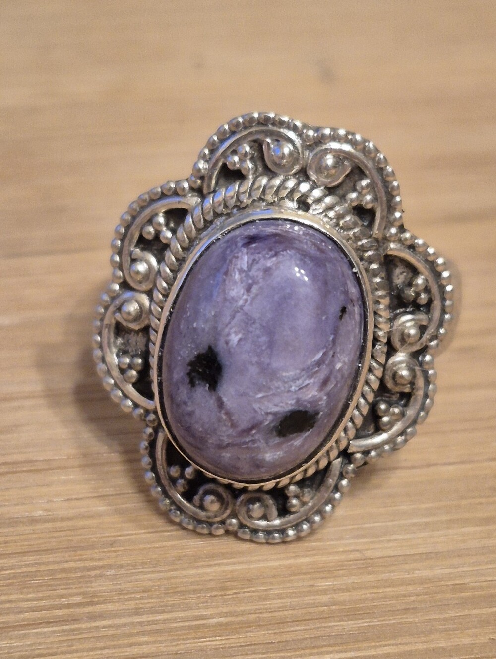 Sterling Silver Charcoite Ornate  Ring